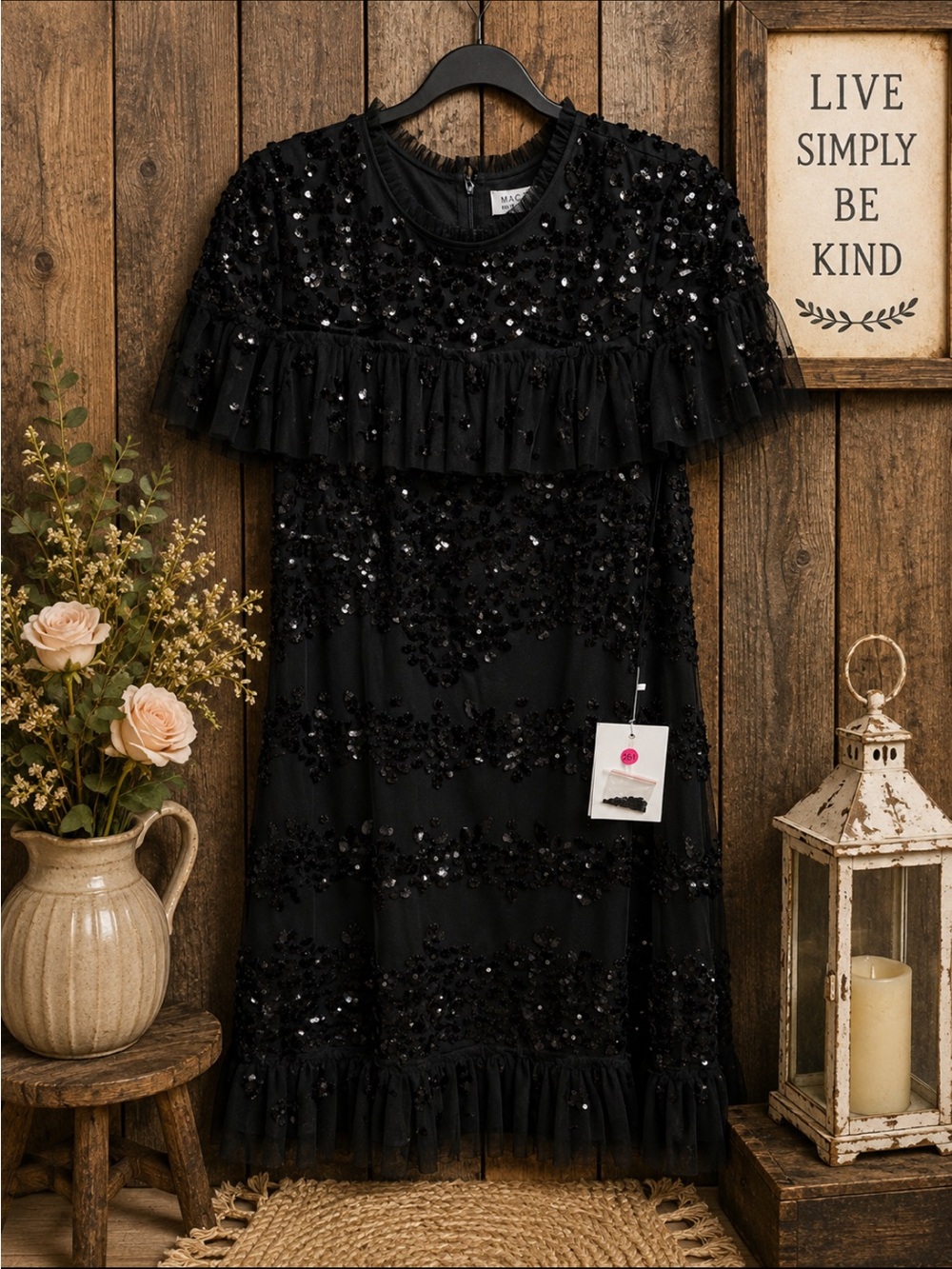 Mac Duggal Black Sequin Midi Dress with Ruffle Details